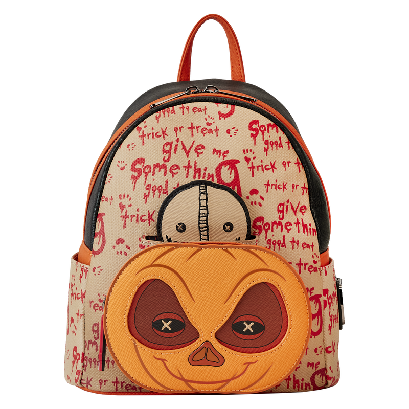 Image of our Trick 'r Treat Mini Backpack featuring a burlap-looking outside with a front pocket shaped like Sam's pumpkin face, with Sam popping up from behind the pumpkin 